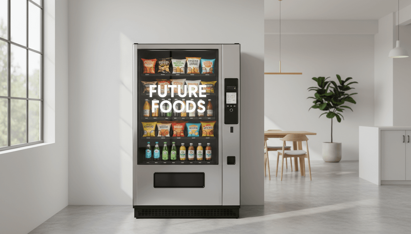 A modern vending machine with snacks and drinks on display in a bright office setting