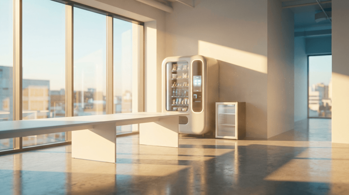 Modern vending machine in an office lobby with snacks and drinks visible through glass front