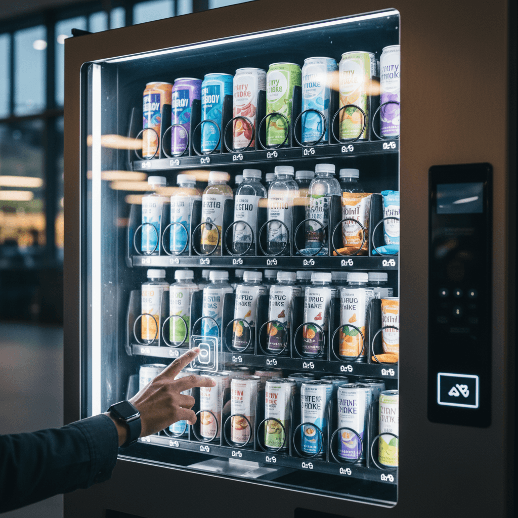 Modern intelligent vending machine with snacks and drinks inside an office breakroom