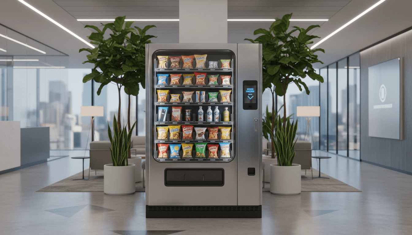 Modern vending machine with illuminated product display positioned in a contemporary office building lobby environment