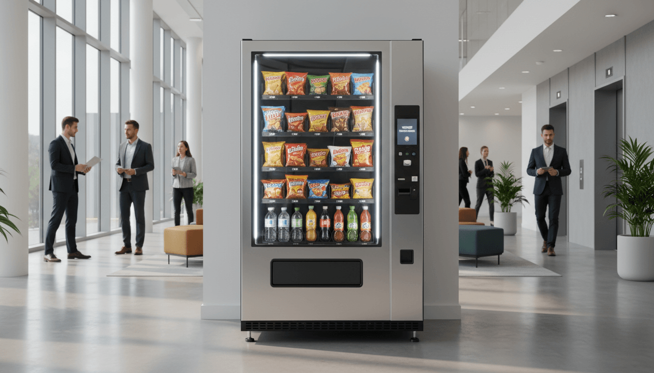 Modern vending machine in a bright office lobby with snacks and cold drinks visible behind glass, hand reaching toward contactless payment pad
