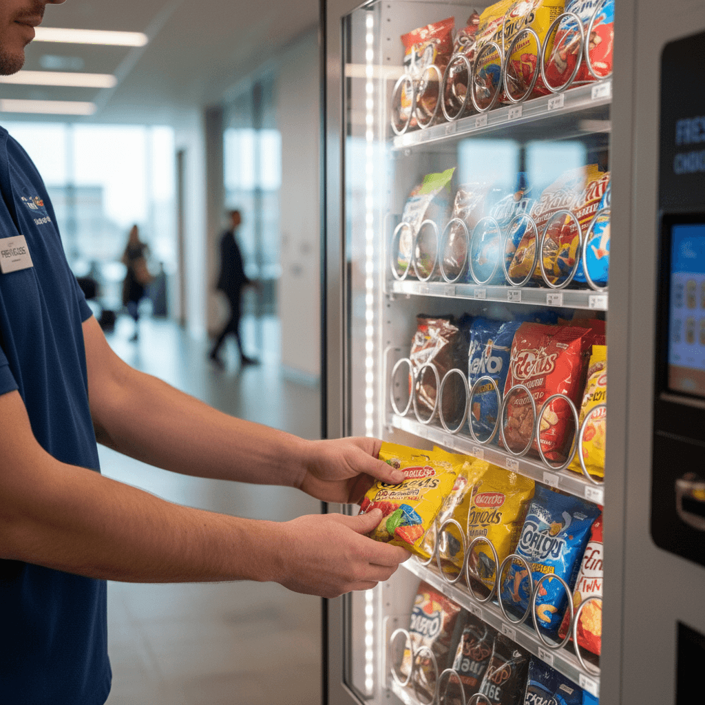 Technician installing a vending machine in a modern office building lobby